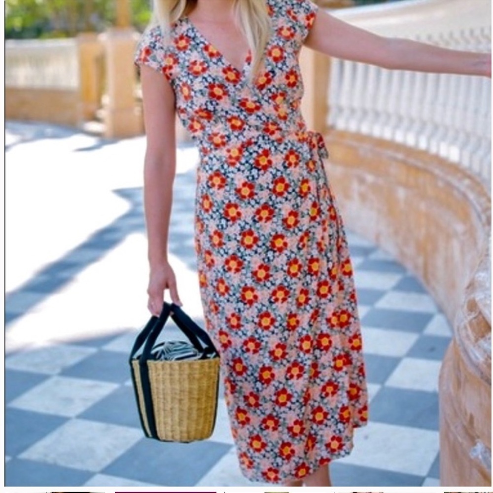 J.Crew Floral Wrap Midi Dress XXS Red Orange V Neck Summer Vacation Dress